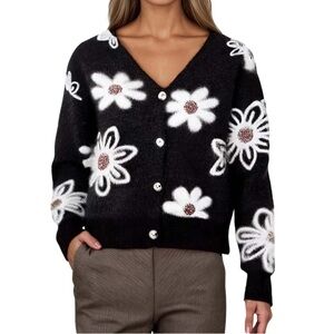 Bibifish floral print soft fuzzy knit cardigan sweater